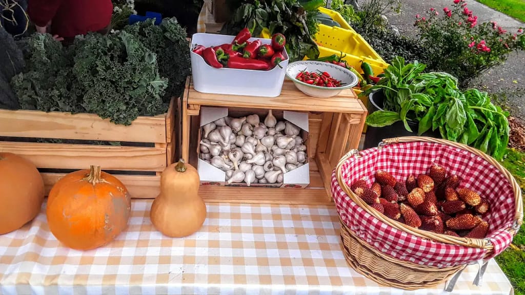 Organic food and fresh fruit and vegetables at a market