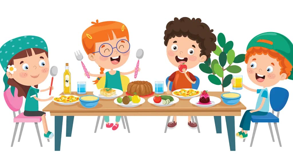 Balanced Diet cartoon of children eating healthy food